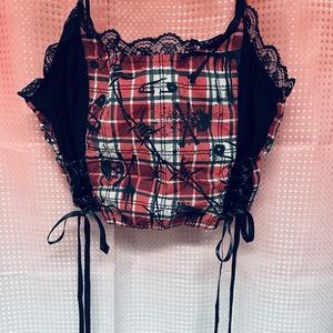 DOLLSKILL Y2K EMO GOTH PUNK PLAID LACE CORSET CROP